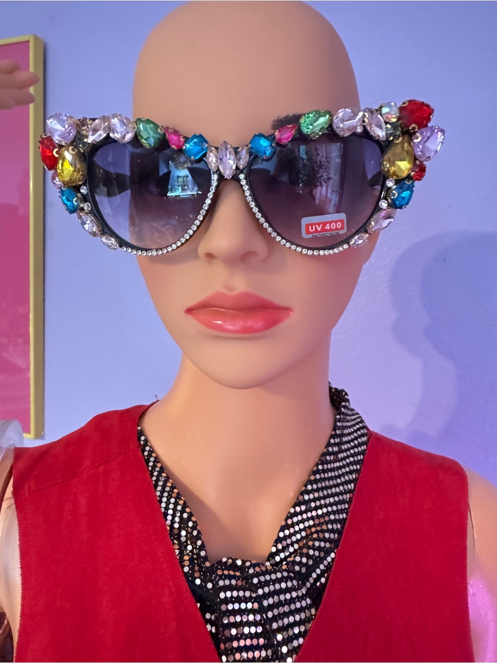 Bold Multicolor Crystal Embellished Cat Eye Sunglasses - Picture 2 of 7
